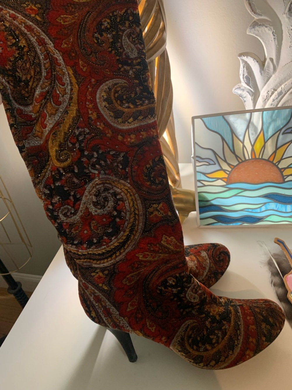 Paisley Velvet Knee-High Boots in Red (Unbranded)